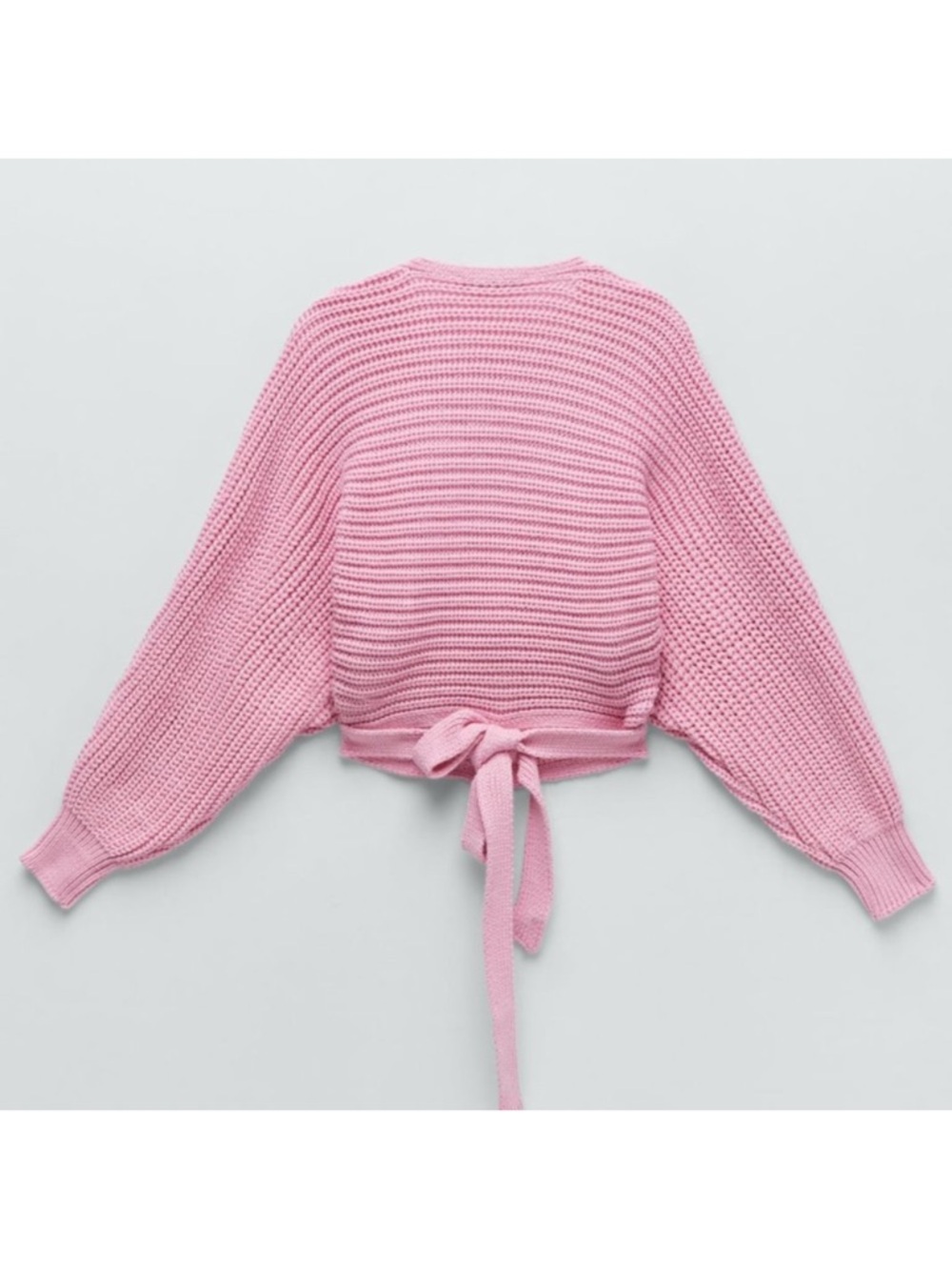 Zara Light Pink Ribbed Wrap V-Neck Sweater with Tie Waist - Picture 3 of 8